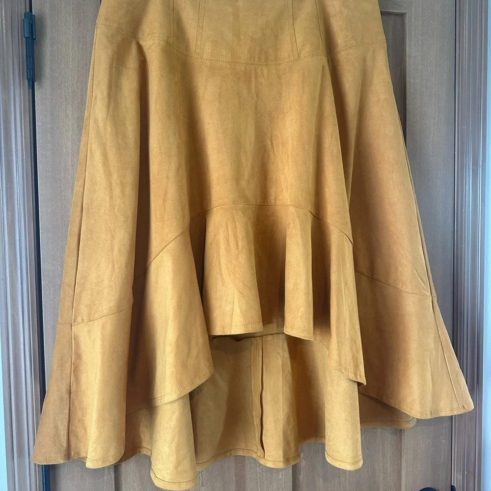 Maeve Anthropologie Cosima Flounced Hi-Low Suede Midi Skirt Mustard size 16W​​ - Picture 3 of 15